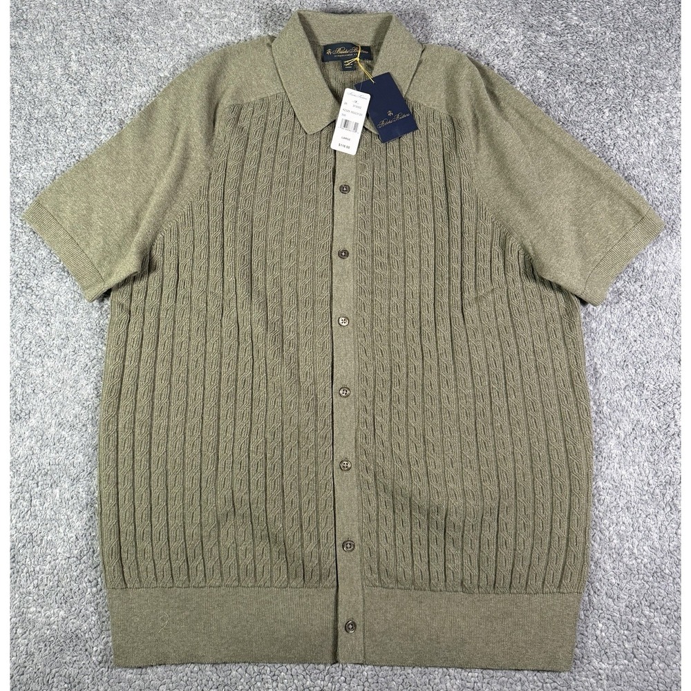 NWT Brooks Brothers Knit Cardigan Polo Men's L Green Short Sleeve Cable Sweater